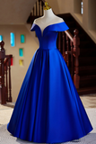 Royal Blue Satin A Line Long Evening Dress, Royal Blue Prom Dress APP1012