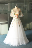 A Line Tulle with Lace Applique Wedding Party Dress, White Tulle Prom Dress APP1014