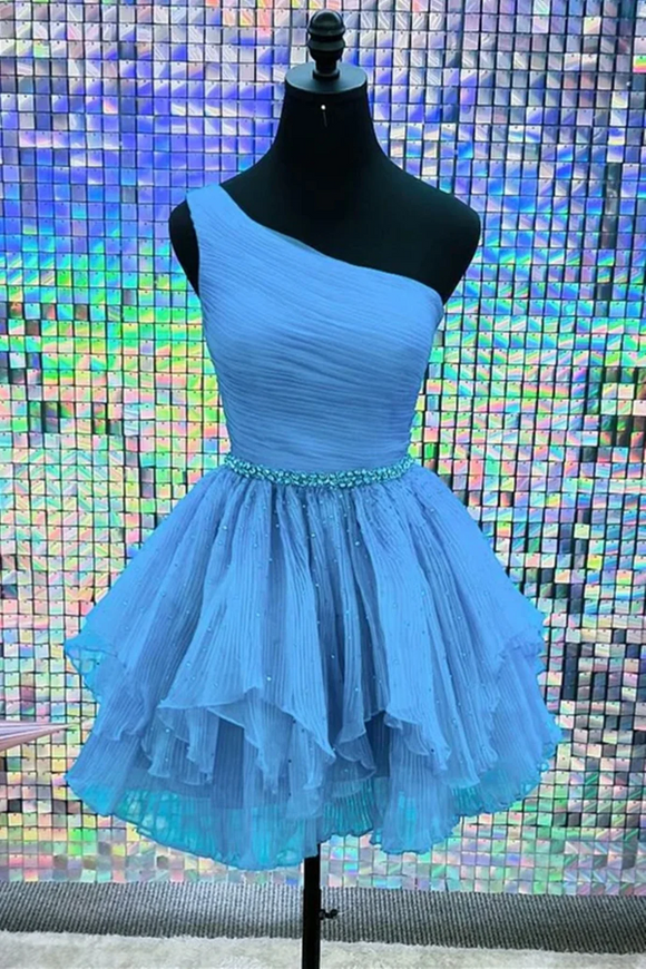 Shiny One Shoulder Blue Tulle Short Prom Dresses with Belt, Homecoming Dresses APH0272