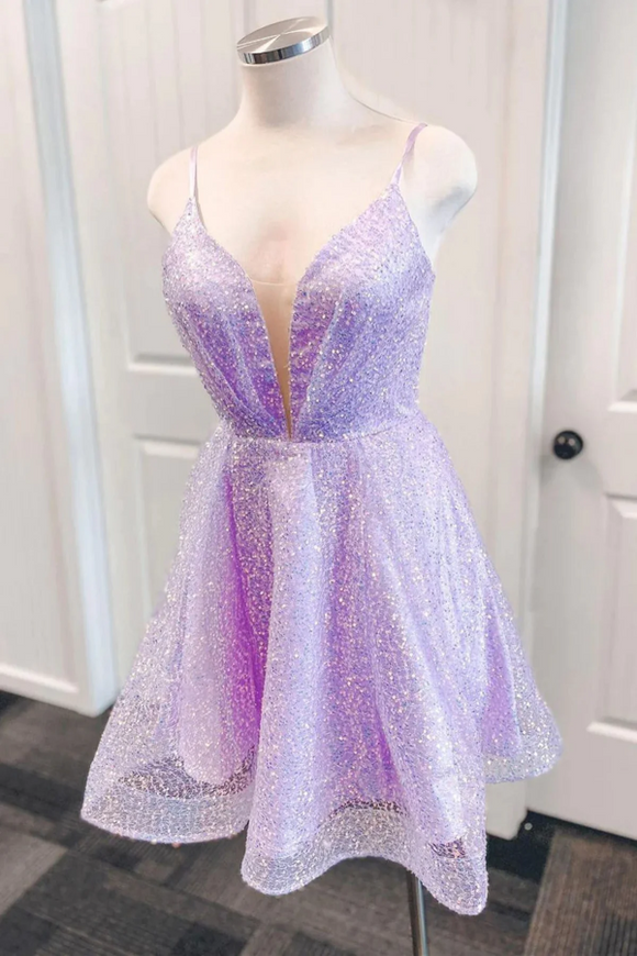 V Neck Short Purple Prom Dresses, Short V Neck Purple Formal Homecoming Dresses APH0273