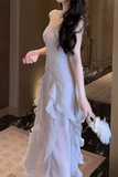 Strapless A Line Ruffle Long Prom Dress Birthday Party Dress APP1016