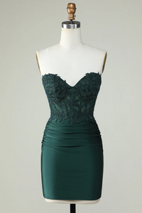 Dark Green Strapless Corset Homecoming Dress With Appliques APH0278