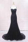 Black Lace Mermaid Straps Sweetheart Evening Dress, Black Long Prom Dress APP1018