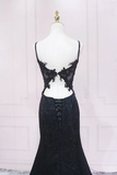 Black Lace Mermaid Straps Sweetheart Evening Dress, Black Long Prom Dress APP1018