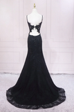 Black Lace Mermaid Straps Sweetheart Evening Dress, Black Long Prom Dress APP1018