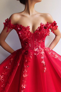 Sweetheart Neck Off Shoulder Red Lace Prom Dresses Long, Graduation Evening Dress APP1019