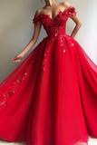 Sweetheart Neck Off Shoulder Red Lace Prom Dresses Long, Graduation Evening Dress APP1019