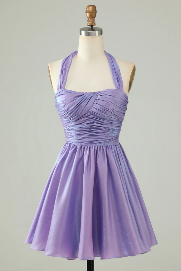 Purple A Line Satin Halter Homecoming Dress With Pleated APH0282