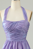 Purple A Line Satin Halter Homecoming Dress With Pleated APH0282