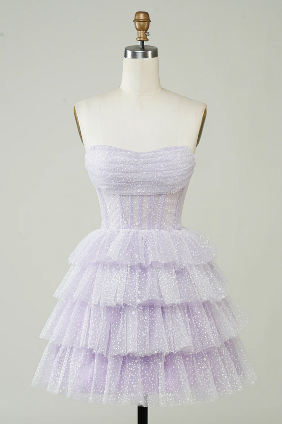 Lilac Corset Cute Tiered Sparkly Homecoming Dress With Ruffles APH0282