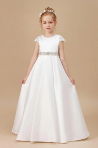 A Line Floor Length Bowknot Ivory Satin Flower Girl Dresses With Rhinestones Waist APF0003