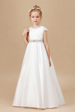 A Line Floor Length Bowknot Ivory Satin Flower Girl Dresses With Rhinestones Waist APF0003