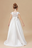 A Line Floor Length Bowknot Ivory Satin Flower Girl Dresses With Rhinestones Waist APF0003