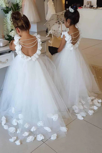 Ruffles Straps Ball Gown Tulle Flower Girl Dresses With Pearl Back APF0005