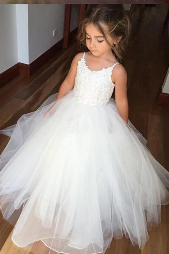 A Line Floor Length Spaghetti Sleeveless Appliques Flower Girl Dresses APF0006