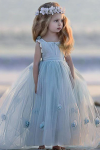 Blue Round Neck Ball Gown Tulle Sleeveless Flower Girl Dresses APF0011