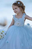 Blue Round Neck Ball Gown Tulle Sleeveless Flower Girl Dresses APF0011