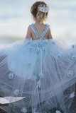 Blue Round Neck Ball Gown Tulle Sleeveless Flower Girl Dresses APF0011