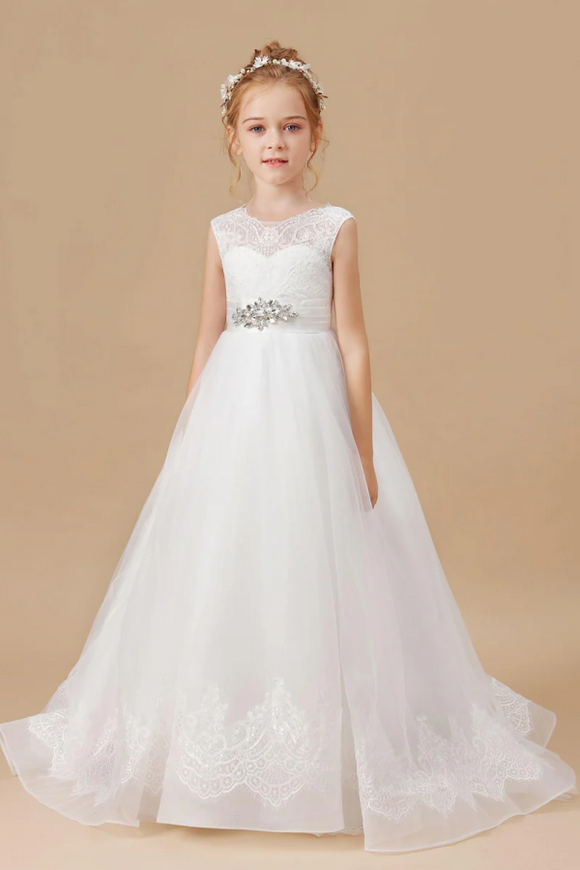 Floor Length Sleevelesss Lace Tulle Satin Flower Girl Dresses APF0012