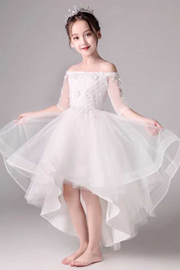 Cute Off The Shoulder High Low Half Sleeves Tulle Flower Girl Dresses APF0013