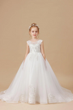 Ivory Sleeveless Applique Sweep trailing Multi Layer Tulle Flower Girl Dresses APF0014