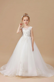 Ivory Sleeveless Applique Sweep trailing Multi Layer Tulle Flower Girl Dresses APF0014