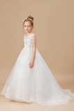 Ivory Sleeveless Applique Sweep trailing Multi Layer Tulle Flower Girl Dresses APF0014