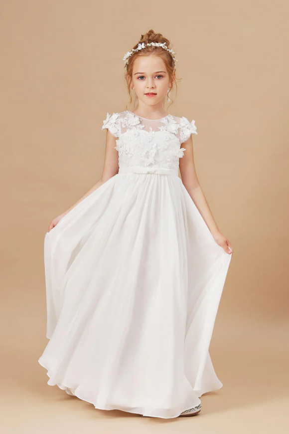 A Line Floor Length Ivory Chiffon Appliques Flower Girl Dresses APF0016