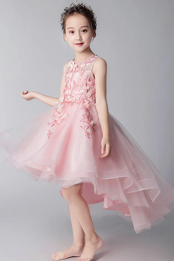 Elegant Round Neck High Low Sleeveless Tulle With Appliques Flower Girl Dresses APF0017