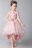 Elegant Round Neck High Low Sleeveless Tulle With Appliques Flower Girl Dresses APF0017