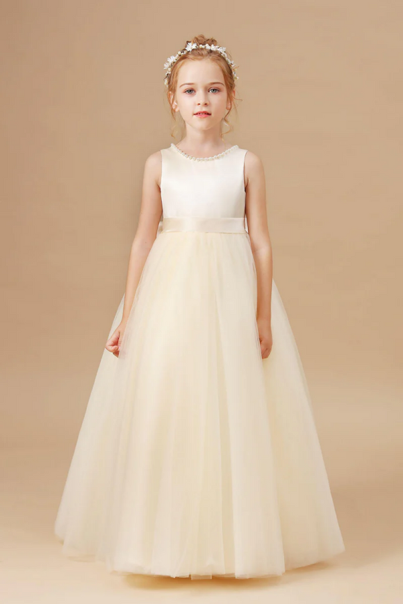 Champagne Sleeveless Tulle Satin Flower Girl Dresses With Bow APF0018