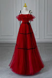 A Line Tulle Burgundy Long Prom Dress, Burgundy Long Formal Dress APP1021