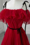 A Line Tulle Burgundy Long Prom Dress, Burgundy Long Formal Dress APP1021