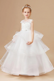 Ivory Multi Layered Tulle Ruffled Satin Flower Girl Dresses With Bow APF0019