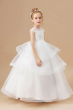 Ivory Multi Layered Tulle Ruffled Satin Flower Girl Dresses With Bow APF0019