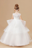 Ivory Multi Layered Tulle Ruffled Satin Flower Girl Dresses With Bow APF0019