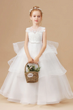 Ivory Multi Layered Tulle Ruffled Satin Flower Girl Dresses With Bow APF0019