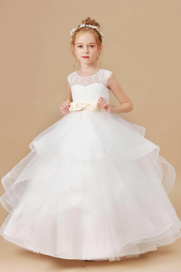 Ivory Multi Layered Tulle Ruffled Satin Flower Girl Dresses With Champagne Bow Front and Back APF0020