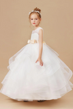 Ivory Multi Layered Tulle Ruffled Satin Flower Girl Dresses With Champagne Bow Front and Back APF0020