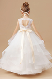 Ivory Multi Layered Tulle Ruffled Satin Flower Girl Dresses With Champagne Bow Front and Back APF0020