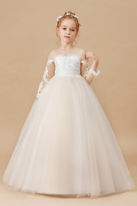 Floor Length Long Sleeves Lace Tulle Satin Flower Girl Dresses APF0021