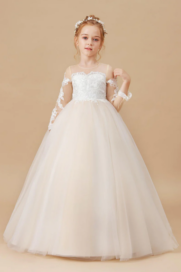 Floor Length Long Sleeves Lace Tulle Satin Flower Girl Dresses APF0021