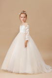 Floor Length Long Sleeves Lace Tulle Satin Flower Girl Dresses APF0021