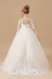 Floor Length Long Sleeves Lace Tulle Satin Flower Girl Dresses APF0021