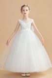 Round Neck Tulle Sleeveless Ivory Flower Girl Dresses With Bowknot APF0022