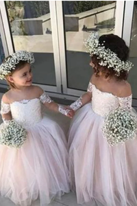 Cute Off the Shoulder Lace A Line With Appliques Flower Girl Dresses APF0023