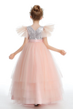 Ruffles Silver Sequins Pink Tulle Flower Girl Dresses With Beading APF0024