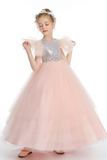 Ruffles Silver Sequins Pink Tulle Flower Girl Dresses With Beading APF0024