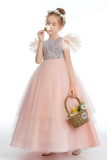 Ruffles Silver Sequins Pink Tulle Flower Girl Dresses With Beading APF0024