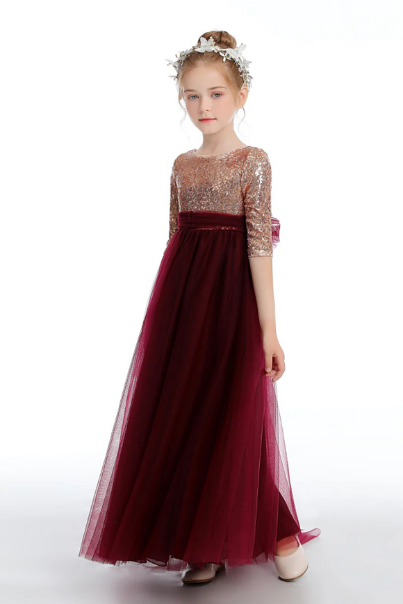 Cute Burgundy A Line Tulle Flower Girl Dresses With Sequins APF0025